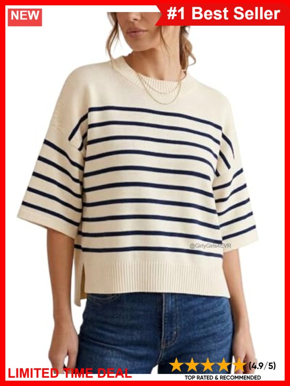 Women's Striped Short Sleeve Sweater Crewneck Knit Top Side Slits